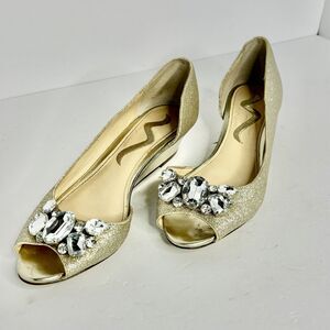 Nina Touch of Nina Wedge Women 7 M D'orsay Gold-tone Glitter Jewel Peep Toe